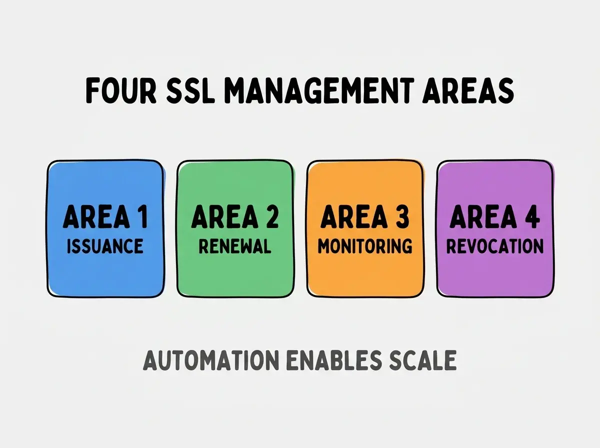 Clean modern flat infographic on light gray background. Top center bold black title text: FOUR SSL MANAGEMENT AREAS. Below title, four equal sized colored rounded rectangle cards arranged horizontally. Card 1 blue: large bold text AREA 1 then smaller text ISSUANCE. Card 2 green: large bold text AREA 2 then smaller text RENEWAL. Card 3 orange: large bold text AREA 3 then smaller text MONITORING. Card 4 purple: large bold text AREA 4 then smaller text REVOCATION. Single footer line below cards in dark gray text: AUTOMATION ENABLES SCALE. Nothing else on canvas. No text outside cards or below cards.