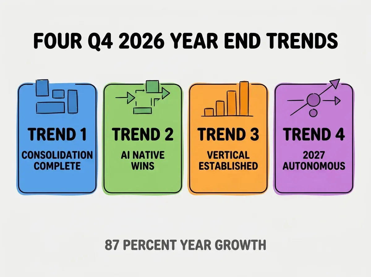 Clean modern flat infographic on light gray background. Top center bold black title text: FOUR Q4 2026 YEAR END TRENDS. Below title, four equal sized colored rounded rectangle cards arranged horizontally. Card 1 blue: large bold text TREND 1 then smaller text CONSOLIDATION COMPLETE. Card 2 green: large bold text TREND 2 then smaller text AI NATIVE WINS. Card 3 orange: large bold text TREND 3 then smaller text VERTICAL ESTABLISHED. Card 4 purple: large bold text TREND 4 then smaller text 2027 AUTONOMOUS. Single footer line below cards in dark gray text: 87 PERCENT YEAR GROWTH. Nothing else on canvas. No text outside cards or below cards.