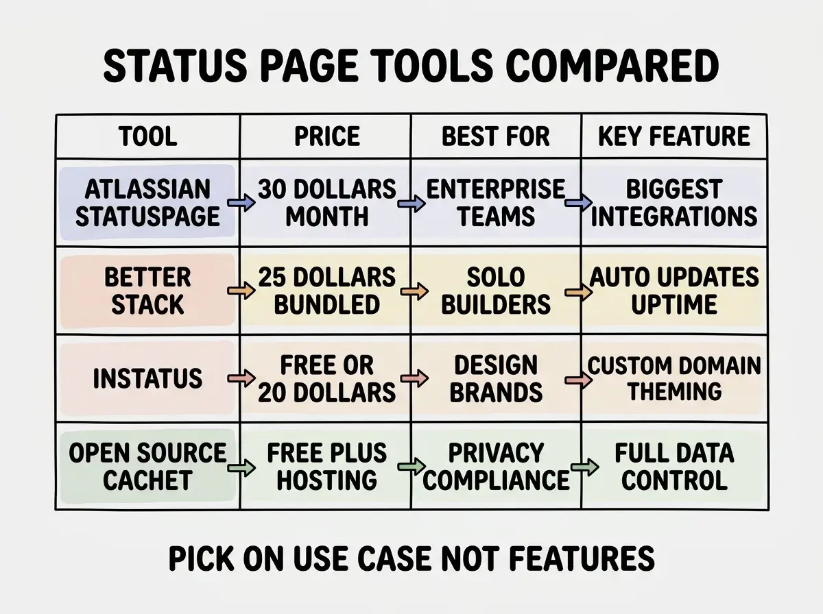 EXPLAINER DIAGRAM titled STATUS PAGE TOOLS COMPARED shown as a four column table on a slate background. The columns are TOOL, PRICE, BEST FOR, AND KEY FEATURE. Row one TOOL ATLASSIAN STATUSPAGE, PRICE 30 DOLLARS PER MONTH, BEST FOR ENTERPRISE OR LARGER TEAMS, KEY FEATURE BIGGEST INTEGRATION ECOSYSTEM. Row two TOOL BETTER STACK, PRICE 25 DOLLARS PER MONTH BUNDLED WITH MONITORING, BEST FOR SOLO BUILDERS, KEY FEATURE AUTO UPDATES FROM UPTIME CHECKS. Row three TOOL INSTATUS, PRICE FREE TIER OR 20 DOLLARS PER MONTH, BEST FOR DESIGN CONSCIOUS BRANDS, KEY FEATURE CUSTOMIZABLE THEMING AND CUSTOM DOMAIN. Row four TOOL OPEN SOURCE CACHET OR STATPING, PRICE FREE PLUS HOSTING COSTS, BEST FOR PRIVACY OR COMPLIANCE NEEDS, KEY FEATURE FULL CONTROL OF DATA. A footer reads PICK ON YOUR USE CASE NOT FEATURES.