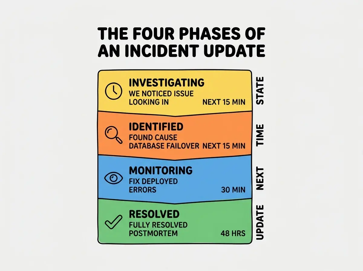 EXPLAINER DIAGRAM titled THE FOUR PHASES OF AN INCIDENT UPDATE shown as a vertical stacked timeline on a slate background. Top of the timeline labeled INVESTIGATING in yellow has a clock icon and example text WE NOTICED THE ISSUE WE ARE LOOKING INTO IT NEXT UPDATE IN 15 MIN. Below labeled IDENTIFIED in orange has a magnifying glass icon and example text WE FOUND THE CAUSE A DATABASE FAILOVER NEXT UPDATE IN 15 MIN. Below labeled MONITORING in blue has an eye icon and example text FIX DEPLOYED ERRORS DROPPING WATCHING FOR 30 MIN. Bottom labeled RESOLVED in green has a checkmark icon and example text FULLY RESOLVED POSTMORTEM IN 48 HOURS. A label on the right side spanning all four phases reads STATE FRONTEND TIME TIMING AND NEXT UPDATE EVERY TIME. A footer reads CUSTOMERS REWARD HONESTY OVER PERFECTION.