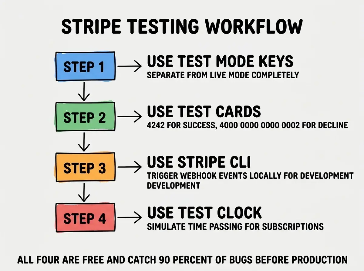 EXPLAINER DIAGRAM titled STRIPE TESTING WORKFLOW shown as a vertical four-step process on a slate background. Step 1 blue USE TEST MODE KEYS sublabel SEPARATE FROM LIVE MODE COMPLETELY. Step 2 green USE TEST CARDS sublabel 4242 FOR SUCCESS, 4000 0000 0000 0002 FOR DECLINE. Step 3 orange USE STRIPE CLI sublabel TRIGGER WEBHOOK EVENTS LOCALLY FOR DEVELOPMENT. Step 4 red USE TEST CLOCK sublabel SIMULATE TIME PASSING FOR SUBSCRIPTIONS. Footer reads ALL FOUR ARE FREE AND CATCH 90 PERCENT OF BUGS BEFORE PRODUCTION.