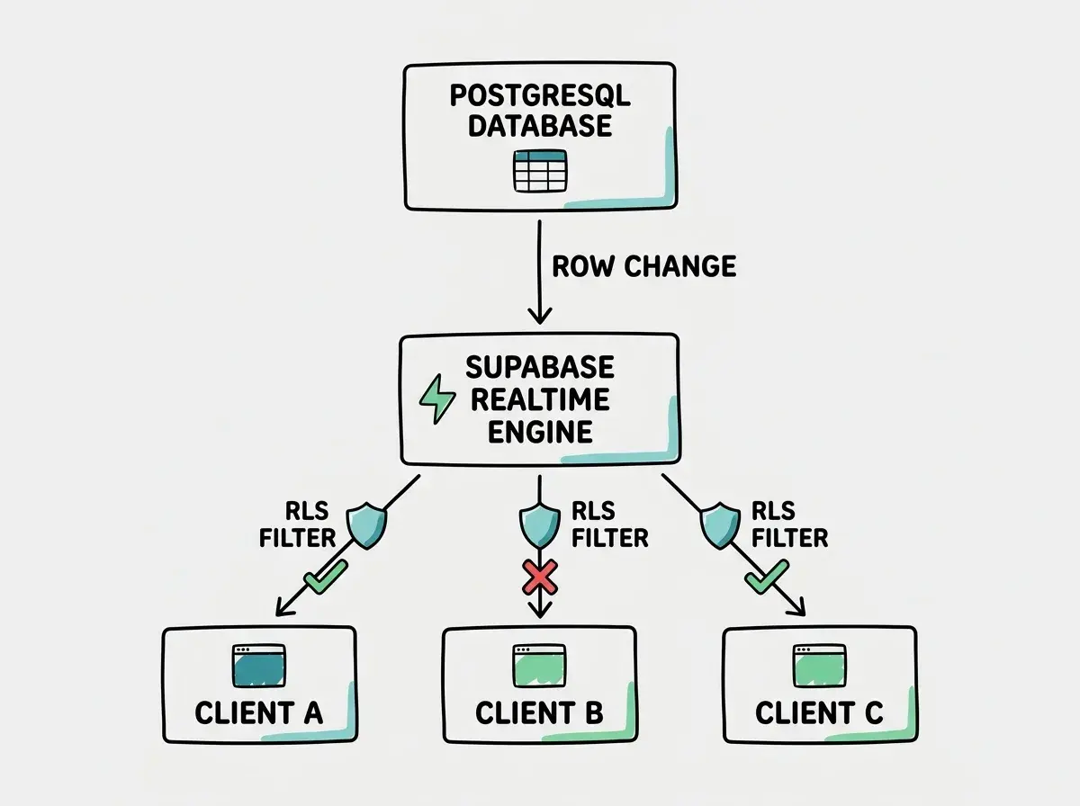 EXPLAINER DIAGRAM: A vertical flow showing how Supabase Realtime works. At the top, a box labeled PostgreSQL Database with a small table icon inside. An arrow labeled Row Change points down to a middle box labeled Supabase Realtime Engine with a lightning bolt icon. From this middle box, three arrows fan out downward to three separate boxes labeled Client A, Client B, and Client C, each with a small screen icon. Between the Realtime Engine and each client, a small shield icon labeled RLS Filter indicates that each connection is filtered by the client's permissions. Client A and Client C have green checkmarks on their arrows, while Client B has a red X, showing that RLS blocked the event for that user.