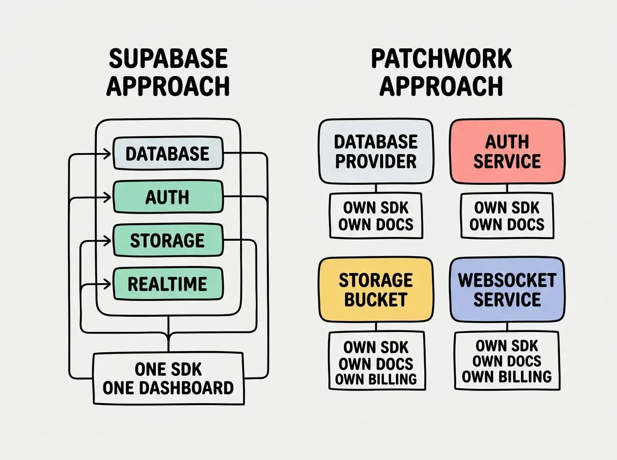 EXPLAINER DIAGRAM: A comparison layout with two columns. Left column titled SUPABASE APPROACH shows a single rounded rectangle containing four stacked items labeled Database, Auth, Storage, and Realtime, all connected to a single box at the bottom labeled One SDK and One Dashboard. Right column titled PATCHWORK APPROACH shows four separate rounded rectangles for Database Provider, Auth Service, Storage Bucket, and WebSocket Service, each with its own small box beneath labeled Own SDK, Own Docs, Own Billing. The left column appears clean and connected while the right column appears fragmented.