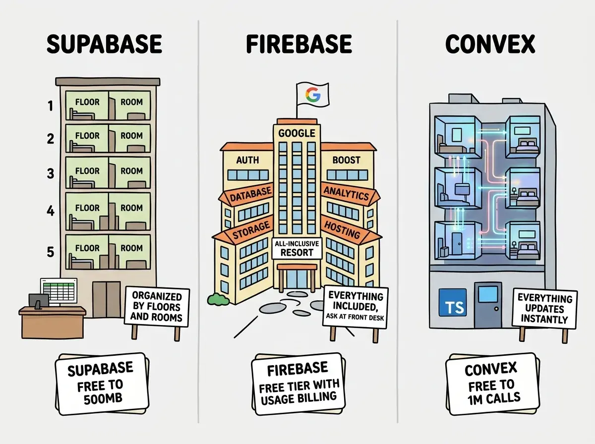 EXPLAINER DIAGRAM: A three-panel illustration on white background using the apartment building analogy. Panel 1 labeled SUPABASE shows a traditional apartment building with clearly numbered floors and room labels, a front desk with a spreadsheet on it, and a sign reading ORGANIZED BY FLOORS AND ROOMS. Panel 2 labeled FIREBASE shows a large all-inclusive resort complex with a Google logo flag on top, multiple wings labeled AUTH, DATABASE, STORAGE, ANALYTICS, HOSTING, and a sign reading EVERYTHING INCLUDED, ASK AT FRONT DESK. Panel 3 labeled CONVEX shows a modern smart building with glowing data streams flowing between apartments in real time, a TypeScript logo on the door, and a sign reading EVERYTHING UPDATES INSTANTLY. Below each building is a lease card showing: Supabase FREE TO 500MB, Firebase FREE TIER WITH USAGE BILLING, Convex FREE TO 1M CALLS.