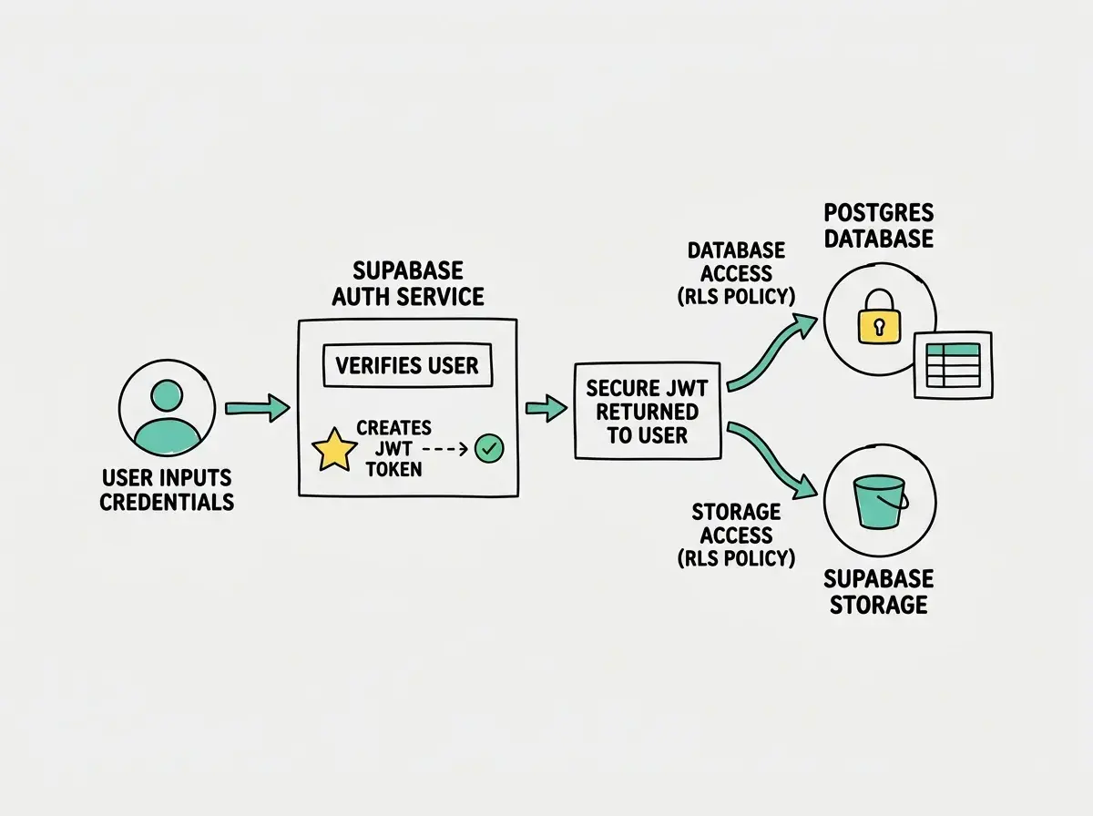 Diagram showing Supabase auth flow from user login through JWT token to database and storage access