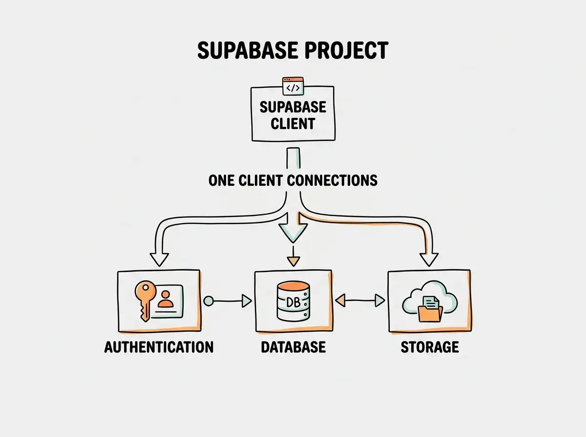 Architecture diagram showing Supabase project with auth, database, and storage connected through a single client