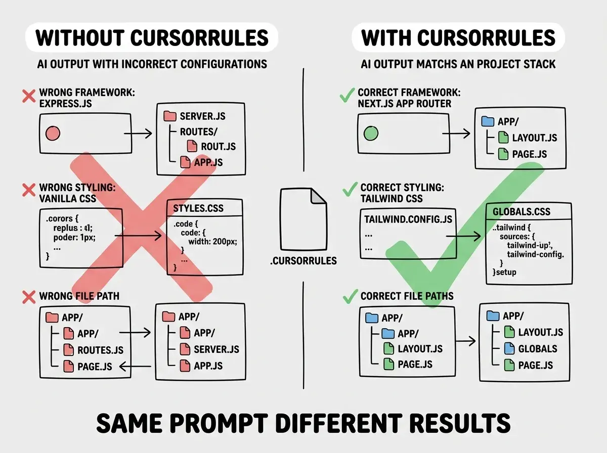 EXPLAINER DIAGRAM: A horizontal three-step workflow diagram. Step one is labeled AUDIT and shows a document icon with the text Review recent PRs and code for patterns you follow. An arrow points right to step two labeled WRITE, which shows a file icon labeled .cursorrules with the text Document your stack, style, naming, and patterns in 30-50 lines. An arrow points right to step three labeled ITERATE, which shows a circular refresh icon with the text Add rules when the AI gets something wrong and remove rules that no longer apply. Below all three steps a timeline bar reads DAY 1 to ONGOING with a note START WITH 5-10 RULES AND GROW FROM THERE.