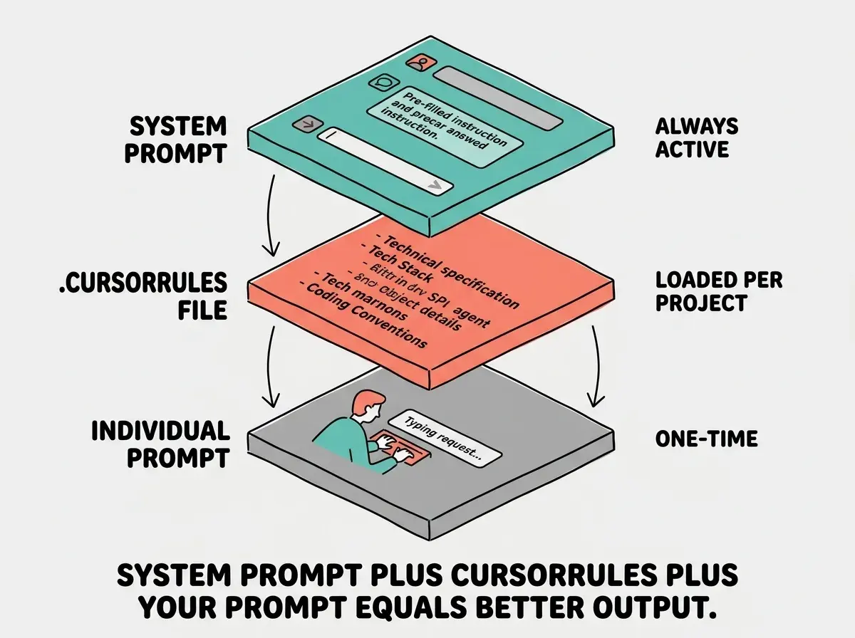 EXPLAINER DIAGRAM: A vertical stack of four labeled sections representing the anatomy of a cursorrules file. Section one is labeled PROJECT ARCHITECTURE and contains example entries: directory structure, file locations, routing approach. Section two is labeled CODE STYLE and contains: language version, type strictness, async patterns, component size limits. Section three is labeled NAMING CONVENTIONS and contains: file naming, variable casing, route patterns, database field casing. Section four is labeled PATTERNS AND ANTI-PATTERNS and contains: preferred design patterns, error handling approach, things to always avoid. A bracket on the right side spans all four sections with the label THESE FOUR SECTIONS WORK FOR ANY STACK.