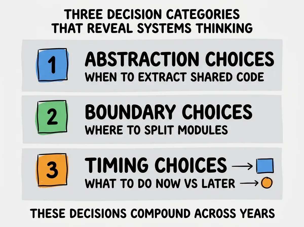 EXPLAINER DIAGRAM titled THREE DECISION CATEGORIES THAT REVEAL SYSTEMS THINKING shown as a vertical numbered list on a slate background. Three rows. Row 1 blue badge ABSTRACTION CHOICES sublabel WHEN TO EXTRACT SHARED CODE. Row 2 green badge BOUNDARY CHOICES sublabel WHERE TO SPLIT MODULES. Row 3 orange badge TIMING CHOICES sublabel WHAT TO DO NOW VS LATER. Footer reads THESE DECISIONS COMPOUND ACROSS YEARS.
