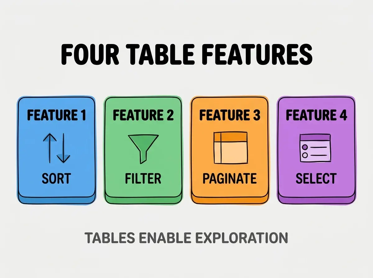 Clean modern flat infographic on light gray background. Top center bold black title text: FOUR TABLE FEATURES. Below title, four equal sized colored rounded rectangle cards arranged horizontally. Card 1 blue: large bold text FEATURE 1 then smaller text SORT. Card 2 green: large bold text FEATURE 2 then smaller text FILTER. Card 3 orange: large bold text FEATURE 3 then smaller text PAGINATE. Card 4 purple: large bold text FEATURE 4 then smaller text SELECT. Single footer line below cards in dark gray text: TABLES ENABLE EXPLORATION. Nothing else on canvas. No text outside cards or below cards.
