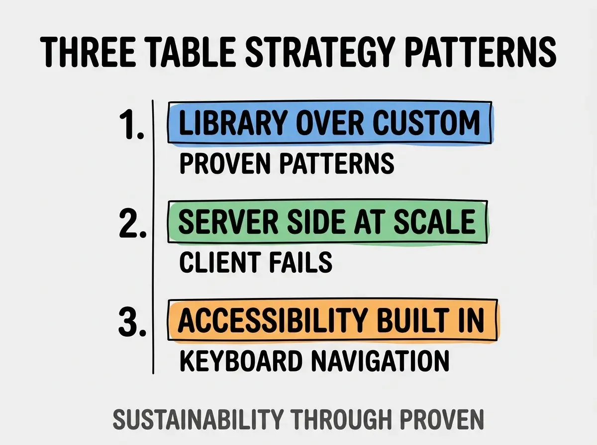 Clean modern flat infographic on light gray background. Top title bold black: THREE TABLE STRATEGY PATTERNS. Single vertical numbered list with three rows. Row 1 blue badge LIBRARY OVER CUSTOM with subtitle PROVEN PATTERNS. Row 2 green badge SERVER SIDE AT SCALE with subtitle CLIENT FAILS. Row 3 orange badge ACCESSIBILITY BUILT IN with subtitle KEYBOARD NAVIGATION. Footer text dark gray: SUSTAINABILITY THROUGH PROVEN. Each label appears exactly once. No duplicated text.