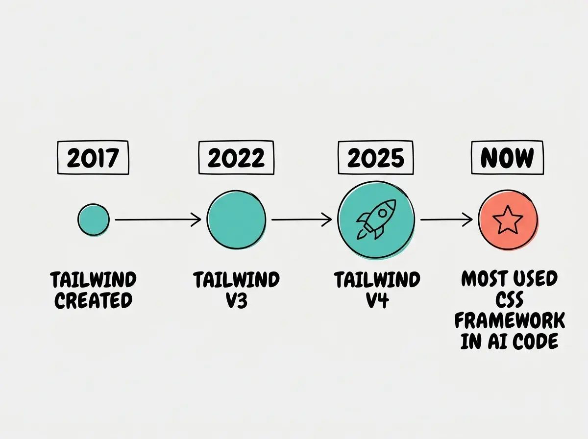 EXPLAINER DIAGRAM: A horizontal timeline showing Tailwind CSS milestones. Left side labeled 2017 shows TAILWIND CREATED in a small teal circle. Middle section labeled 2022 shows TAILWIND V3 in a medium teal circle. Right section labeled 2025 shows TAILWIND V4 in a large teal circle with a rocket icon. Far right labeled NOW shows MOST USED CSS FRAMEWORK IN AI CODE in a coral circle with a star. A horizontal arrow connects all points left to right. Light gray background.