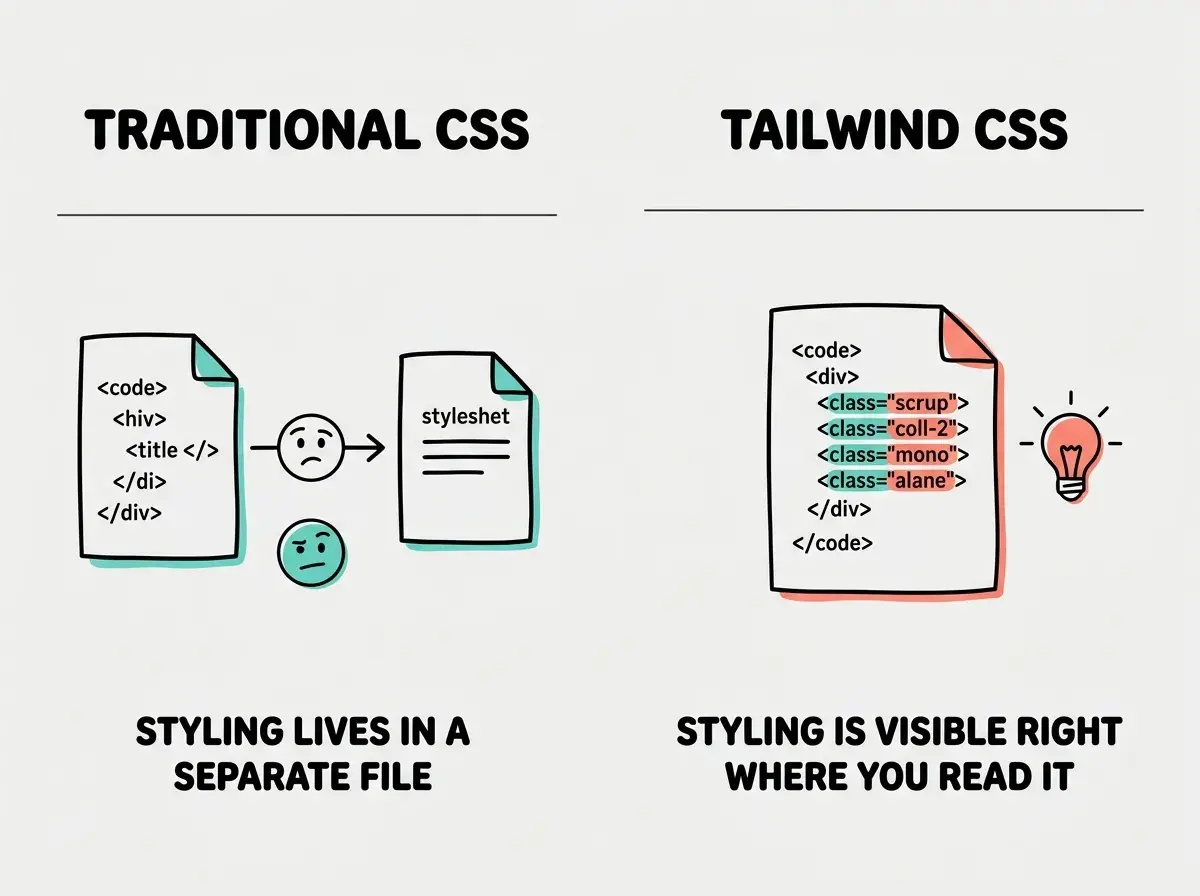 EXPLAINER DIAGRAM: Two side-by-side panels. Left panel labeled TRADITIONAL CSS shows a code file icon with an arrow pointing to a separate stylesheet icon, with a confused face emoji between them and the caption STYLING LIVES IN A SEPARATE FILE. Right panel labeled TAILWIND CSS shows a single code file icon with colorful class names visible inline, with a lightbulb icon and the caption STYLING IS VISIBLE RIGHT WHERE YOU READ IT. A horizontal divider separates the panels. Light gray background with teal and coral accents.