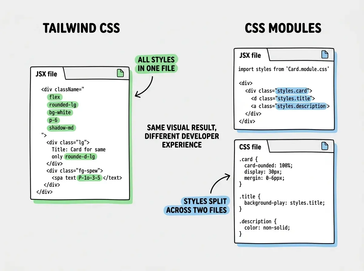 EXPLAINER DIAGRAM: A side-by-side code comparison on white background showing the same styled card component built two ways. Left side labeled TAILWIND CSS shows a single JSX file with utility classes inline: a div with className containing flex, rounded-lg, bg-white, p-6, shadow-md and child elements with text and spacing utilities. All styling is visible in one file, highlighted with a green annotation reading ALL STYLES IN ONE FILE. Right side labeled CSS MODULES shows two files: a JSX file importing styles from Card.module.css and applying styles.card, styles.title, styles.description class references, and below it the corresponding CSS file with .card, .title, .description selectors containing the equivalent CSS properties. A blue annotation reads STYLES SPLIT ACROSS TWO FILES. Between them, a neutral caption reads SAME VISUAL RESULT, DIFFERENT DEVELOPER EXPERIENCE.