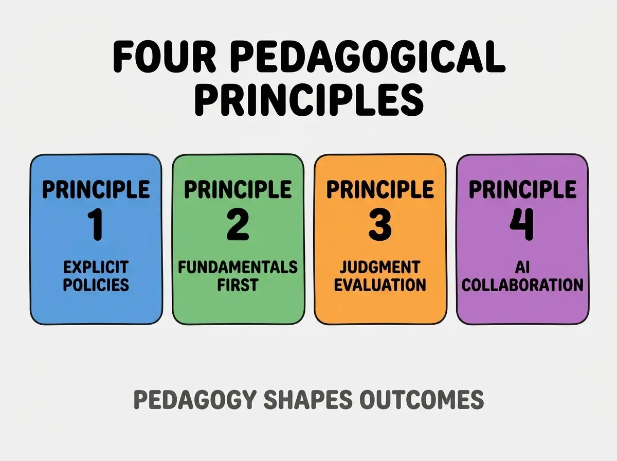 Clean modern flat infographic on light gray background. Top center bold black title text: FOUR PEDAGOGICAL PRINCIPLES. Below title, four equal sized colored rounded rectangle cards arranged horizontally. Card 1 blue: large bold text PRINCIPLE 1 then smaller text EXPLICIT POLICIES. Card 2 green: large bold text PRINCIPLE 2 then smaller text FUNDAMENTALS FIRST. Card 3 orange: large bold text PRINCIPLE 3 then smaller text JUDGMENT EVALUATION. Card 4 purple: large bold text PRINCIPLE 4 then smaller text AI COLLABORATION. Single footer line below cards in dark gray text: PEDAGOGY SHAPES OUTCOMES. Nothing else on canvas. No text outside cards or below cards.