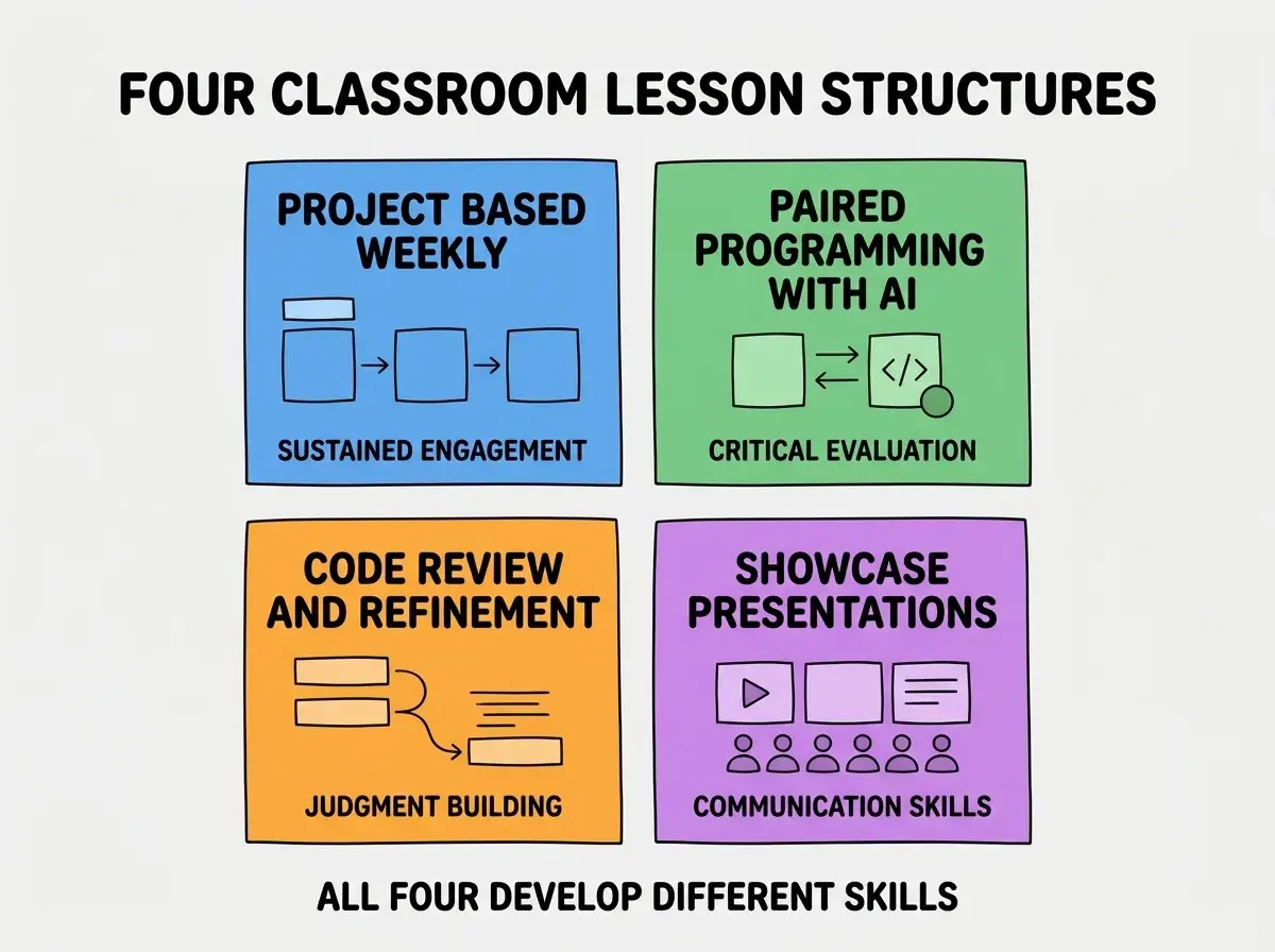 EXPLAINER DIAGRAM titled FOUR CLASSROOM LESSON STRUCTURES shown as a 2x2 grid of quadrants on a slate background. Top left blue PROJECT BASED WEEKLY sublabel SUSTAINED ENGAGEMENT. Top right green PAIRED PROGRAMMING WITH AI sublabel CRITICAL EVALUATION. Bottom left orange CODE REVIEW AND REFINEMENT sublabel JUDGMENT BUILDING. Bottom right purple SHOWCASE PRESENTATIONS sublabel COMMUNICATION SKILLS. Center label reads MIX FORMATS ACROSS TERMS. Footer reads ALL FOUR DEVELOP DIFFERENT SKILLS.