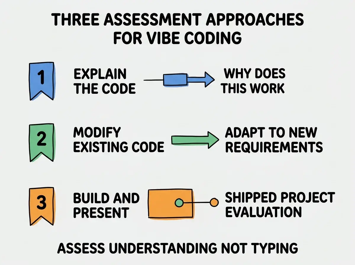 EXPLAINER DIAGRAM titled THREE ASSESSMENT APPROACHES FOR VIBE CODING shown as a vertical numbered list on a slate background. Three rows. Row 1 blue badge EXPLAIN THE CODE sublabel WHY DOES THIS WORK. Row 2 green badge MODIFY EXISTING CODE sublabel ADAPT TO NEW REQUIREMENTS. Row 3 orange badge BUILD AND PRESENT sublabel SHIPPED PROJECT EVALUATION. Footer reads ASSESS UNDERSTANDING NOT TYPING.