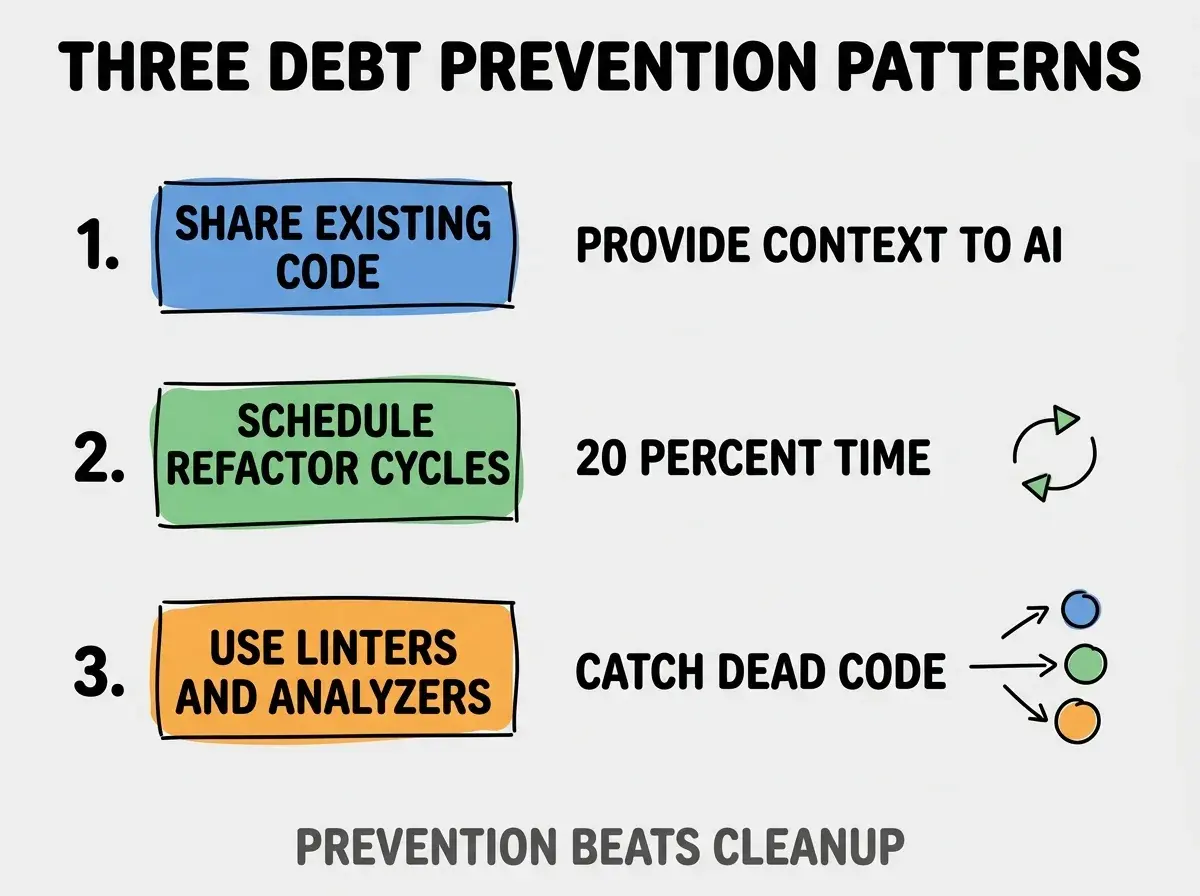 Clean modern flat infographic on light gray background. Top title bold black: THREE DEBT PREVENTION PATTERNS. Single vertical numbered list with three rows. Row 1 blue badge SHARE EXISTING CODE with subtitle PROVIDE CONTEXT TO AI. Row 2 green badge SCHEDULE REFACTOR CYCLES with subtitle 20 PERCENT TIME. Row 3 orange badge USE LINTERS AND ANALYZERS with subtitle CATCH DEAD CODE. Footer text dark gray: PREVENTION BEATS CLEANUP. Each label appears exactly once. No duplicated text.