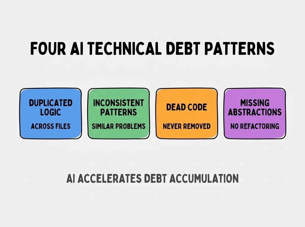 Clean modern flat infographic on light gray background. Top center title bold black sans-serif: FOUR AI TECHNICAL DEBT PATTERNS. Single horizontal row with four equal sized colored rounded rectangle cards. Card 1 blue background two lines DUPLICATED LOGIC and ACROSS FILES. Card 2 green background two lines INCONSISTENT PATTERNS and SIMILAR PROBLEMS. Card 3 orange background two lines DEAD CODE and NEVER REMOVED. Card 4 purple background two lines MISSING ABSTRACTIONS and NO REFACTORING. Below the row a single footer line in dark gray text: AI ACCELERATES DEBT ACCUMULATION. No other text. No duplicated text anywhere.
