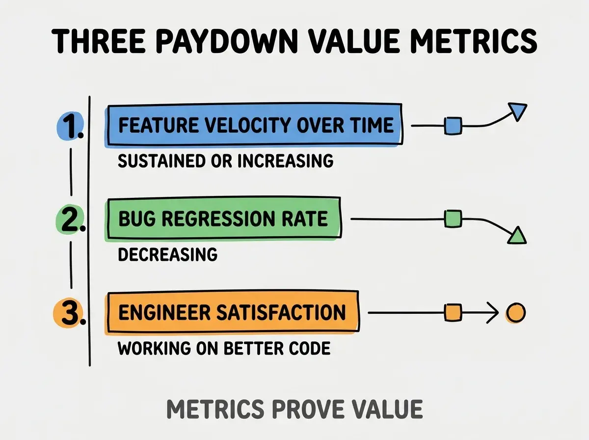 Clean modern flat infographic on light gray background. Top title bold black: THREE PAYDOWN VALUE METRICS. Single vertical numbered list with three rows. Row 1 blue badge FEATURE VELOCITY OVER TIME with subtitle SUSTAINED OR INCREASING. Row 2 green badge BUG REGRESSION RATE with subtitle DECREASING. Row 3 orange badge ENGINEER SATISFACTION with subtitle WORKING ON BETTER CODE. Footer text dark gray: METRICS PROVE VALUE. Each label appears exactly once. No duplicated text.