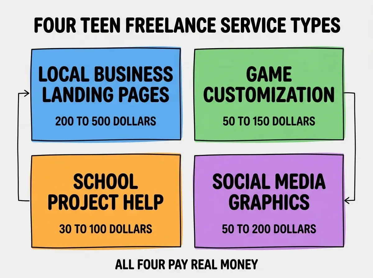 EXPLAINER DIAGRAM titled FOUR TEEN FREELANCE SERVICE TYPES shown as a 2x2 grid of quadrants on a slate background. Top left blue LOCAL BUSINESS LANDING PAGES sublabel 200 TO 500 DOLLARS. Top right green GAME CUSTOMIZATION sublabel 50 TO 150 DOLLARS. Bottom left orange SCHOOL PROJECT HELP sublabel 30 TO 100 DOLLARS. Bottom right purple SOCIAL MEDIA GRAPHICS WITH CODE sublabel 50 TO 200 DOLLARS. Center label reads PICK BASED ON YOUR INTERESTS. Footer reads ALL FOUR PAY REAL MONEY.