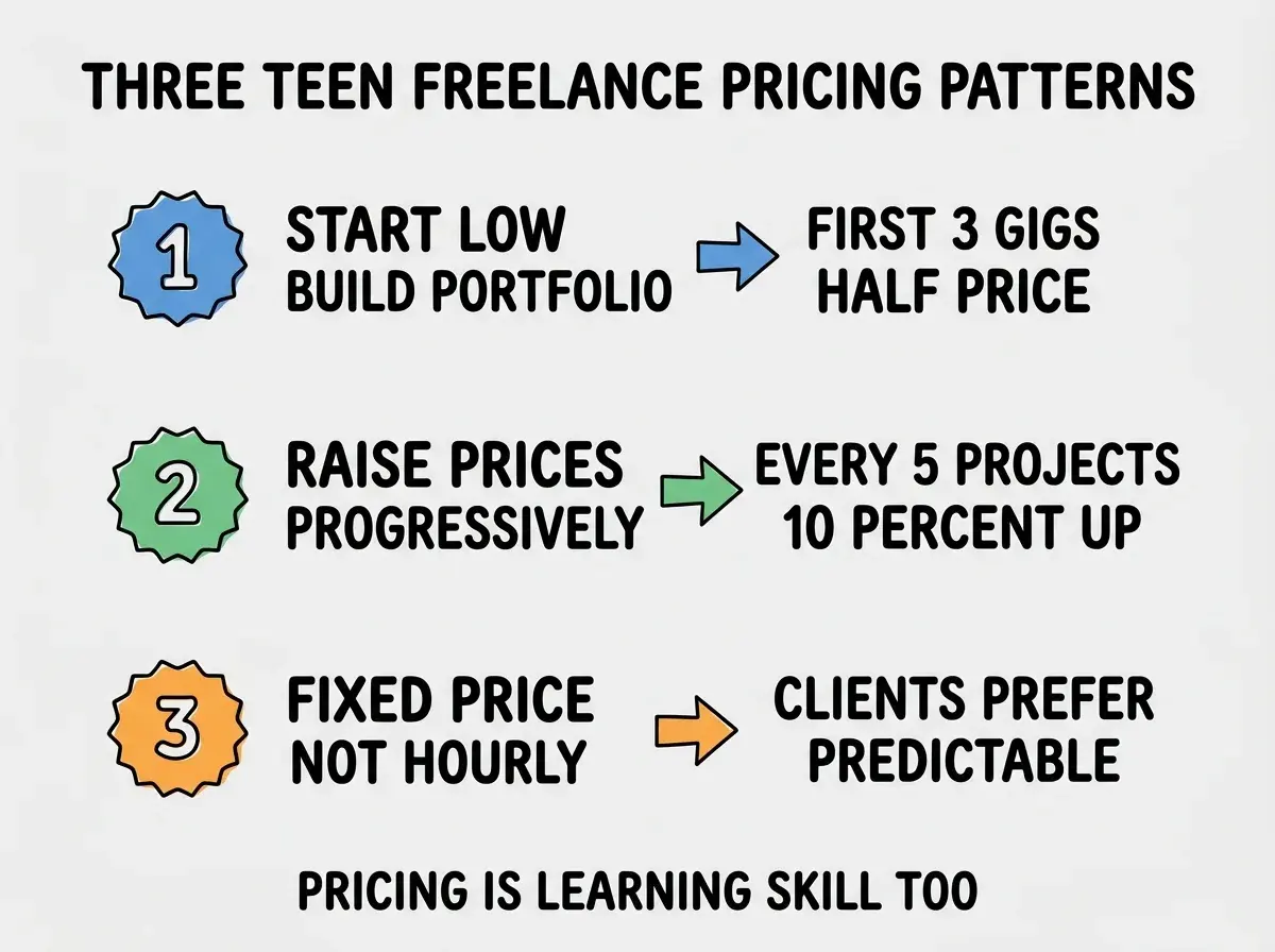 EXPLAINER DIAGRAM titled THREE TEEN FREELANCE PRICING PATTERNS shown as a vertical numbered list on a slate background. Three rows. Row 1 blue badge START LOW BUILD PORTFOLIO sublabel FIRST 3 GIGS HALF PRICE. Row 2 green badge RAISE PRICES PROGRESSIVELY sublabel EVERY 5 PROJECTS 10 PERCENT UP. Row 3 orange badge FIXED PRICE NOT HOURLY sublabel CLIENTS PREFER PREDICTABLE. Footer reads PRICING IS LEARNING SKILL TOO.