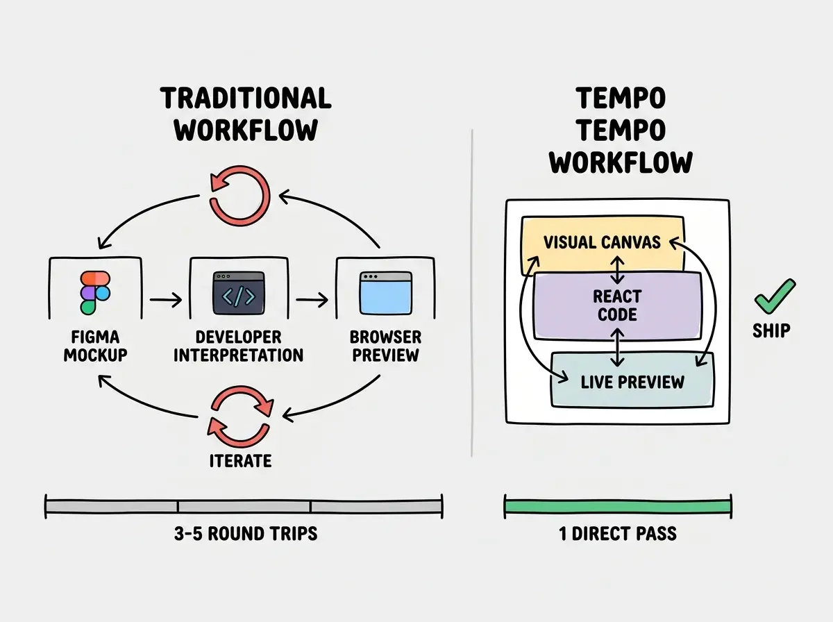 EXPLAINER DIAGRAM: A side-by-side comparison on white background showing two workflows. LEFT SIDE labeled TRADITIONAL WORKFLOW shows a linear flow: FIGMA MOCKUP (design tool icon) with arrow to DEVELOPER INTERPRETATION (code editor icon) with arrow to BROWSER PREVIEW (browser icon) with a red circular arrow labeled ITERATE back to the start, indicating a slow loop. RIGHT SIDE labeled TEMPO WORKFLOW shows a single box containing three overlapping layers: VISUAL CANVAS, REACT CODE, and LIVE PREVIEW all connected by instant bidirectional arrows, with a green checkmark labeled SHIP. Below the comparison, a timeline bar shows Traditional taking 3-5 round trips and Tempo taking 1 direct pass.