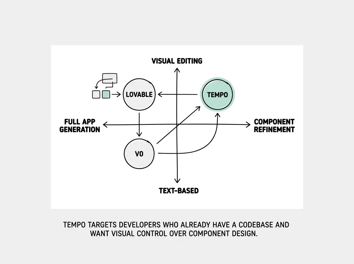 EXPLAINER DIAGRAM: A horizontal spectrum chart on white background. The X-axis is labeled from left FULL APP GENERATION to right COMPONENT REFINEMENT. The Y-axis is labeled from bottom TEXT-BASED to top VISUAL EDITING. Three labeled circles are plotted: LOVABLE appears in the top-left quadrant (full app, somewhat visual), V0 appears in the bottom-left area (full components, text-based prompts), and TEMPO appears in the top-right quadrant (component-level, highly visual), highlighted with a subtle accent border. Below the chart, a single line reads: Tempo targets developers who already have a codebase and want visual control over component design.