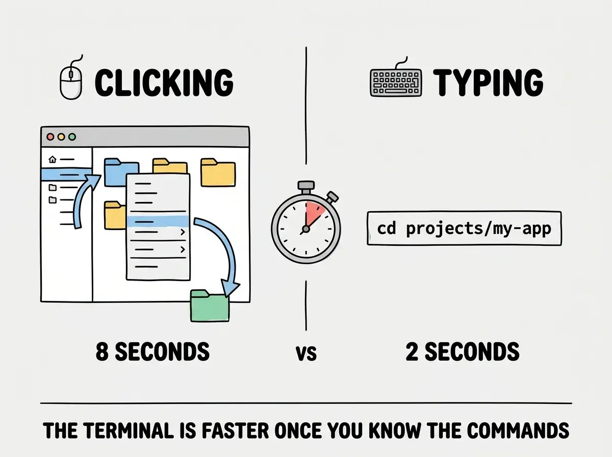 EXPLAINER DIAGRAM: A two-column reference card. The left column is labeled NAVIGATION with four rows showing pwd equals where am I, ls equals what is here, cd equals move to folder, and mkdir equals create new folder. The right column is labeled BUILD AND SAVE with six rows showing npm install equals download dependencies, npm run dev equals start the app, git add dot equals stage changes, git commit equals save snapshot, git push equals upload to cloud, and clear equals tidy up screen. Each row has a small icon and a one-line plain English description.