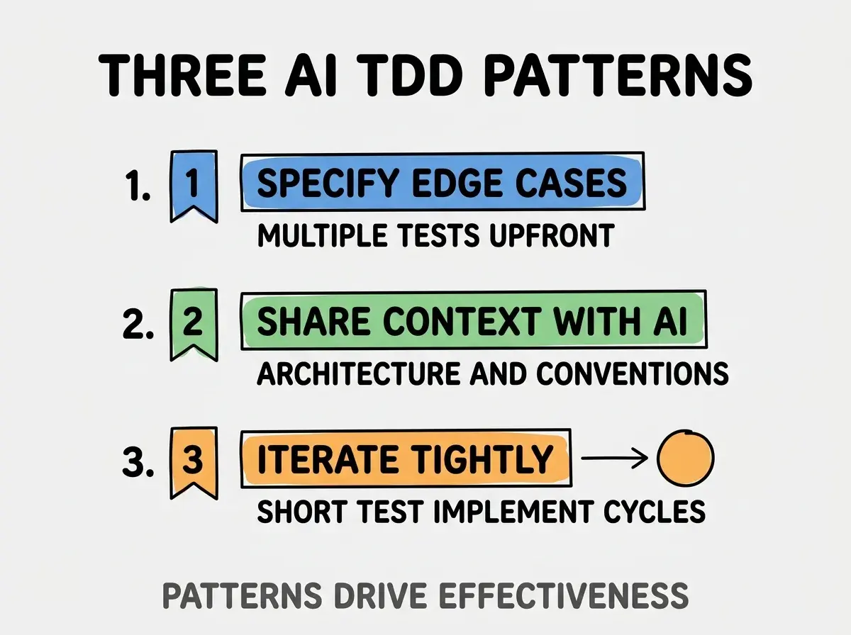 Clean modern flat infographic on light gray background. Top title bold black: THREE AI TDD PATTERNS. Single vertical numbered list with three rows. Row 1 blue badge SPECIFY EDGE CASES with subtitle MULTIPLE TESTS UPFRONT. Row 2 green badge SHARE CONTEXT WITH AI with subtitle ARCHITECTURE AND CONVENTIONS. Row 3 orange badge ITERATE TIGHTLY with subtitle SHORT TEST IMPLEMENT CYCLES. Footer text dark gray: PATTERNS DRIVE EFFECTIVENESS. Each label appears exactly once. No duplicated text.