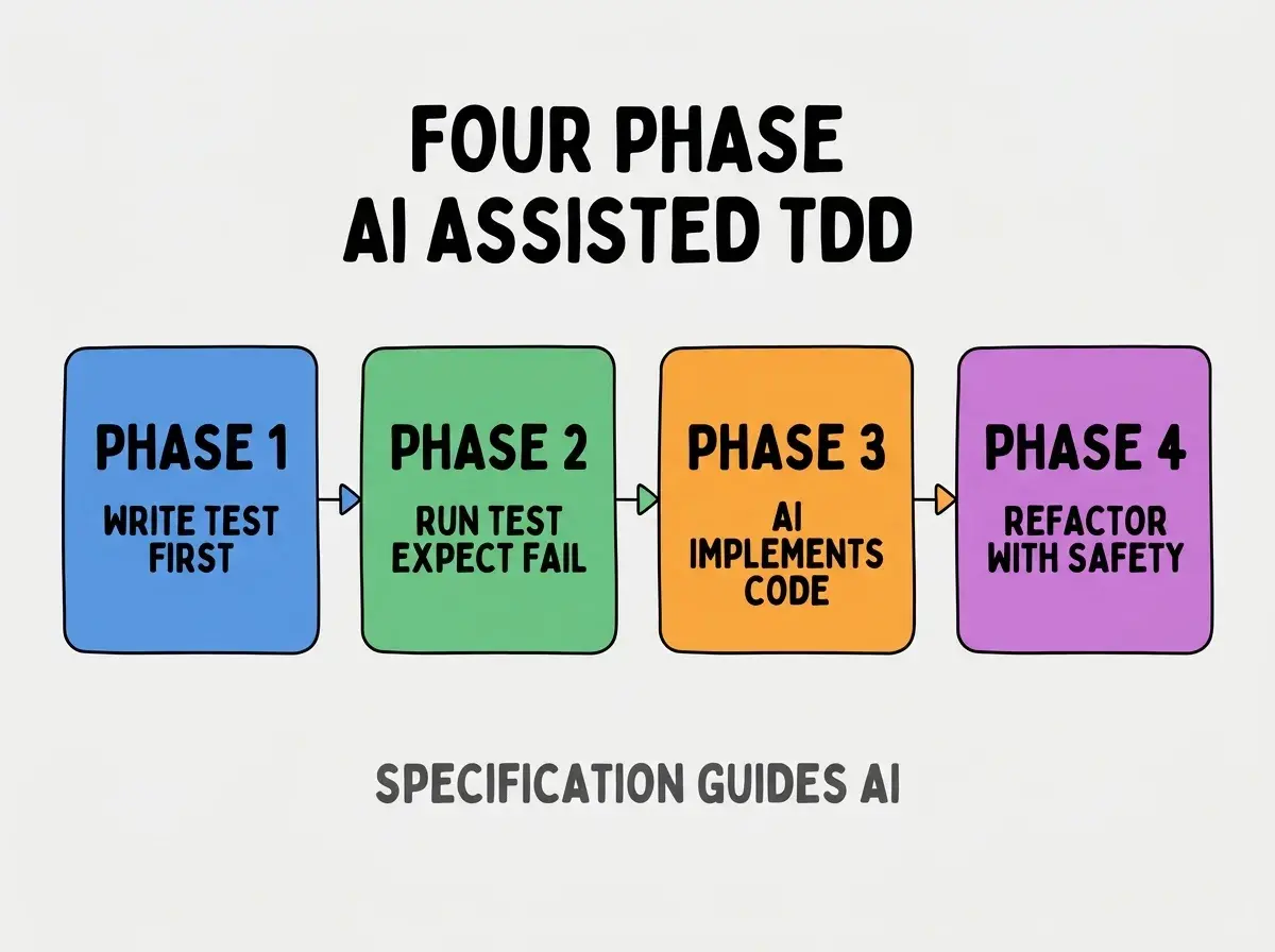 Clean modern flat infographic on light gray background. Top center title bold black sans-serif: FOUR PHASE AI ASSISTED TDD. Single horizontal row with four equal sized colored rounded rectangle cards. Card 1 blue background two lines WRITE TEST FIRST and SPECIFY BEHAVIOR. Card 2 green background two lines RUN TO CONFIRM FAIL and EXPECTED FAILURE. Card 3 orange background two lines AI IMPLEMENTS and UNTIL TEST PASSES. Card 4 purple background two lines REFACTOR SAFELY and TEST AS NET. Below the row a single footer line in dark gray text: SPECIFICATION GUIDES AI. No other text. No duplicated text anywhere.