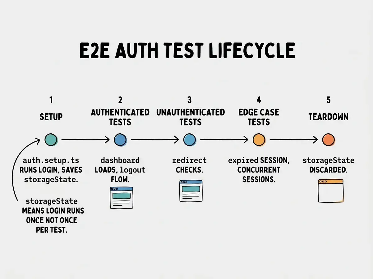 EXPLAINER DIAGRAM: A horizontal timeline labeled E2E AUTH TEST LIFECYCLE showing five stages. Stage 1 is labeled SETUP: auth.setup.ts runs login flow once and saves storageState to .playwright/auth.json. Stage 2 is labeled AUTHENTICATED TESTS: protected route access, dashboard loads, logout flow. Stage 3 is labeled UNAUTHENTICATED TESTS: redirect checks, /dashboard redirects to /login. Stage 4 is labeled EDGE CASE TESTS: expired session behavior, concurrent sessions. Stage 5 is labeled TEARDOWN: storageState discarded, test database cleaned. Each stage has a small browser icon. A note at the bottom reads storageState means login runs once not once per test.