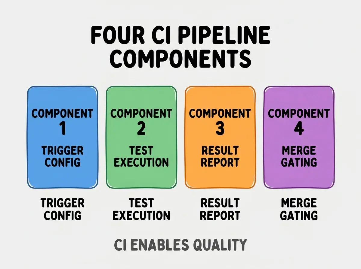 Clean modern flat infographic on light gray background. Top center bold black title text: FOUR CI PIPELINE COMPONENTS. Below title, four equal sized colored rounded rectangle cards arranged horizontally. Card 1 blue: large bold text COMPONENT 1 then smaller text TRIGGER CONFIG. Card 2 green: large bold text COMPONENT 2 then smaller text TEST EXECUTION. Card 3 orange: large bold text COMPONENT 3 then smaller text RESULT REPORT. Card 4 purple: large bold text COMPONENT 4 then smaller text MERGE GATING. Single footer line below cards in dark gray text: CI ENABLES QUALITY. Nothing else on canvas. No text outside cards or below cards.