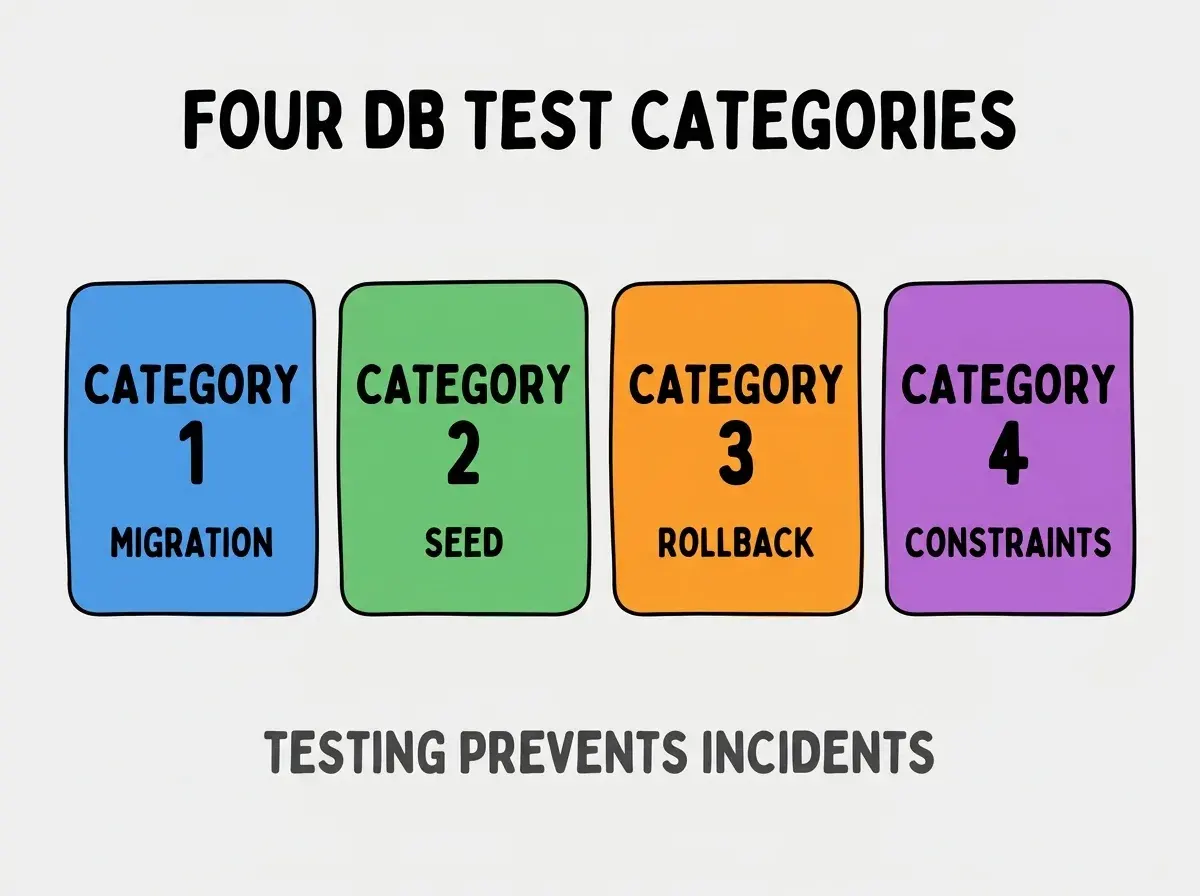 Clean modern flat infographic on light gray background. Top center bold black title text: FOUR DB TEST CATEGORIES. Below title, four equal sized colored rounded rectangle cards arranged horizontally. Card 1 blue: large bold text CATEGORY 1 then smaller text MIGRATION. Card 2 green: large bold text CATEGORY 2 then smaller text SEED. Card 3 orange: large bold text CATEGORY 3 then smaller text ROLLBACK. Card 4 purple: large bold text CATEGORY 4 then smaller text CONSTRAINTS. Single footer line below cards in dark gray text: TESTING PREVENTS INCIDENTS. Nothing else on canvas. No text outside cards or below cards.