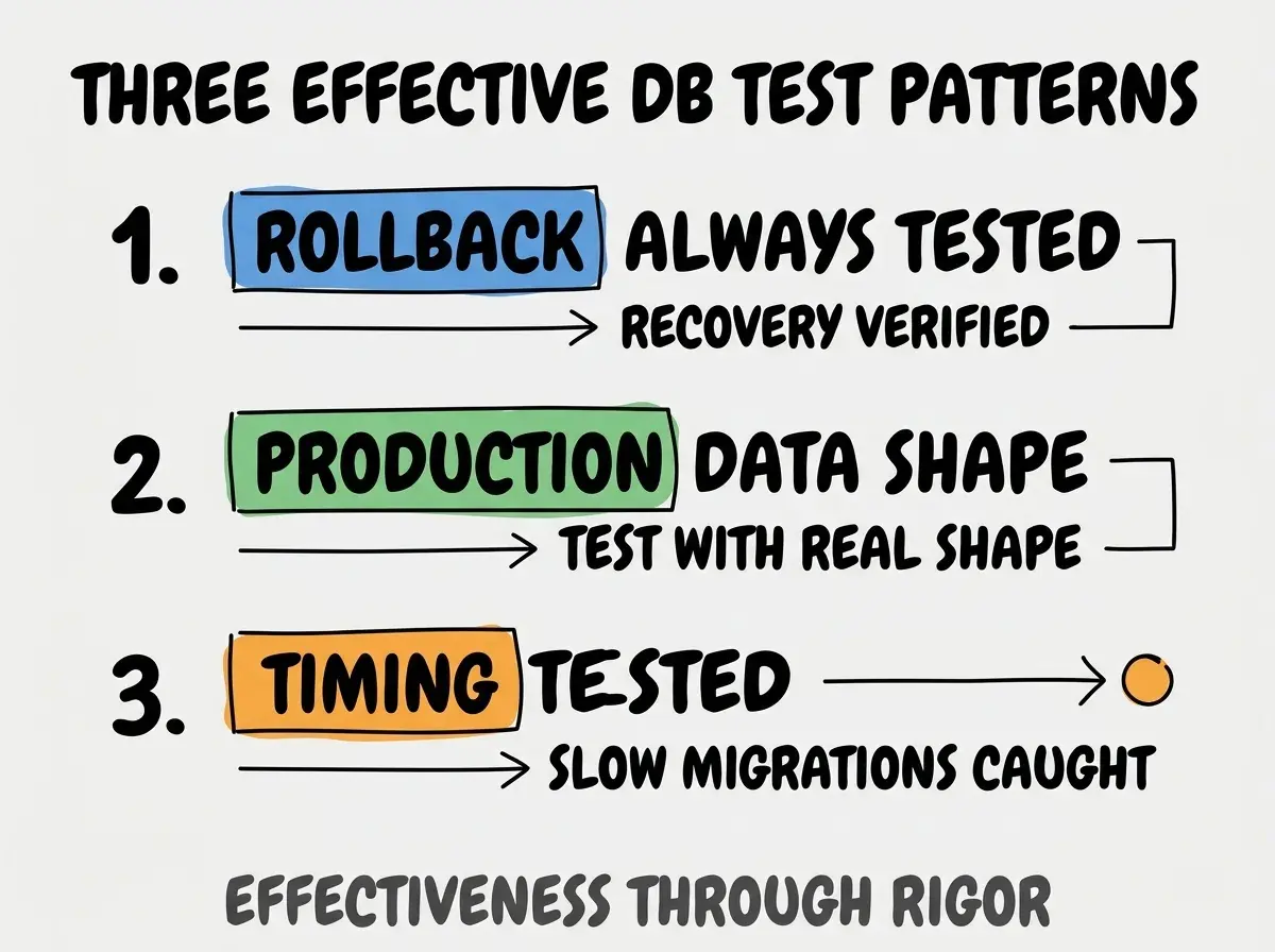 Clean modern flat infographic on light gray background. Top title bold black: THREE EFFECTIVE DB TEST PATTERNS. Single vertical numbered list with three rows. Row 1 blue badge ROLLBACK ALWAYS TESTED with subtitle RECOVERY VERIFIED. Row 2 green badge PRODUCTION DATA SHAPE with subtitle TEST WITH REAL SHAPE. Row 3 orange badge TIMING TESTED with subtitle SLOW MIGRATIONS CAUGHT. Footer text dark gray: EFFECTIVENESS THROUGH RIGOR. Each label appears exactly once. No duplicated text.