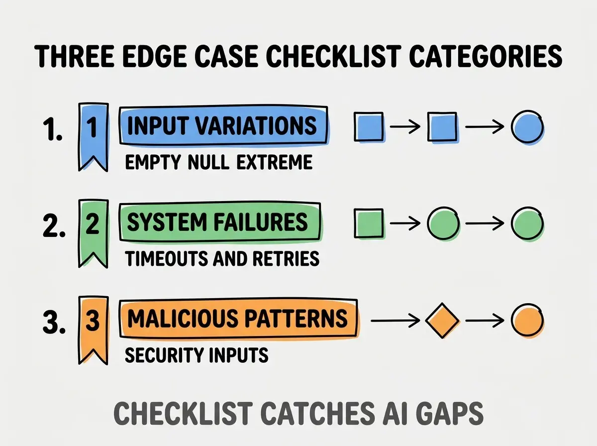 Clean modern flat infographic on light gray background. Top title bold black: THREE EDGE CASE CHECKLIST CATEGORIES. Single vertical numbered list with three rows. Row 1 blue badge INPUT VARIATIONS with subtitle EMPTY NULL EXTREME. Row 2 green badge SYSTEM FAILURES with subtitle TIMEOUTS AND RETRIES. Row 3 orange badge MALICIOUS PATTERNS with subtitle SECURITY INPUTS. Footer text dark gray: CHECKLIST CATCHES AI GAPS. Each label appears exactly once. No duplicated text.
