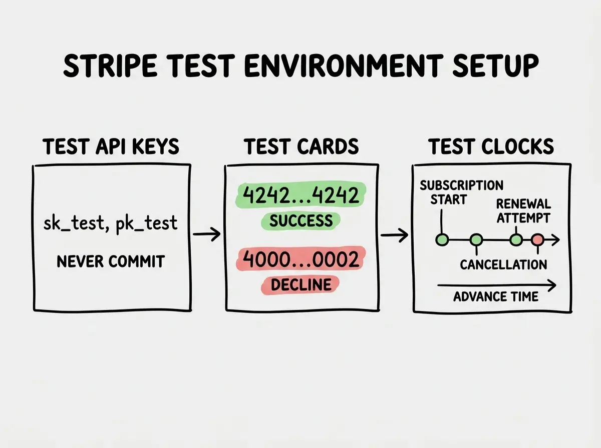 EXPLAINER DIAGRAM: Three labeled boxes arranged horizontally. Box 1 labeled TEST API KEYS shows two code snippets: sk_test_... labeled SECRET KEY and pk_test_... labeled PUBLISHABLE KEY with a note that reads never commit these. Box 2 labeled TEST CARDS shows two card numbers stacked: 4242 4242 4242 4242 with a green label SUCCESS and 4000 0000 0000 0002 with a red label DECLINE. Box 3 labeled TEST CLOCKS shows a timeline with a subscription start point and two tick marks labeled RENEWAL ATTEMPT and CANCELLATION with an arrow labeled ADVANCE TIME pointing right. A vertical separator between each box. Title at top reads STRIPE TEST ENVIRONMENT SETUP.