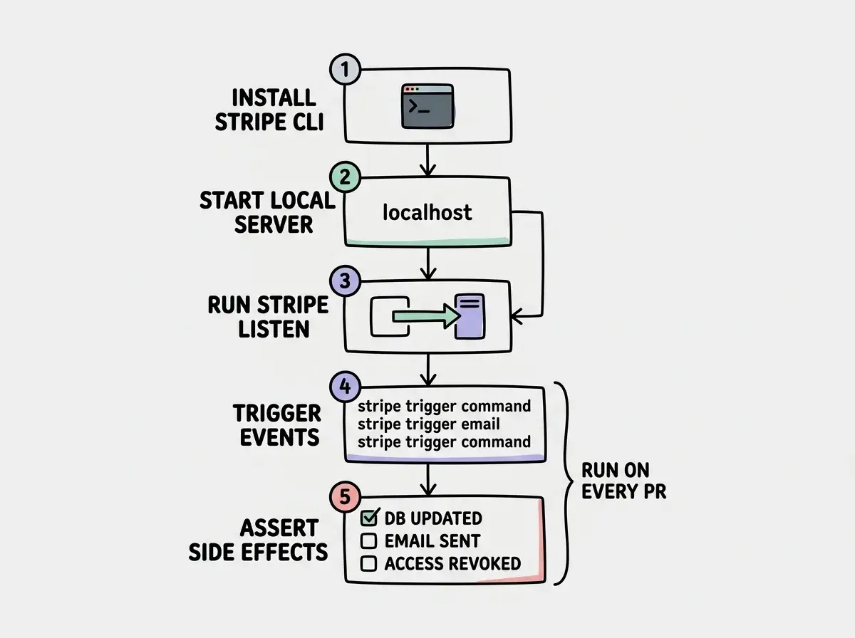 EXPLAINER DIAGRAM: A vertical CI pipeline diagram with five steps connected by arrows pointing down. Step 1 labeled INSTALL STRIPE CLI shows a terminal icon. Step 2 labeled START LOCAL SERVER shows a server icon with a localhost label. Step 3 labeled RUN STRIPE LISTEN shows the CLI command and a forwarding arrow pointing to the server from step 2. Step 4 labeled TRIGGER EVENTS shows three CLI commands stacked: stripe trigger payment_intent.succeeded, stripe trigger invoice.payment_failed, and stripe trigger customer.subscription.deleted. Step 5 labeled ASSERT SIDE EFFECTS shows a checklist icon with three items: DB UPDATED, EMAIL SENT, ACCESS REVOKED. Each step has a numbered circle. A note beside steps 4 and 5 reads: runs on every PR.