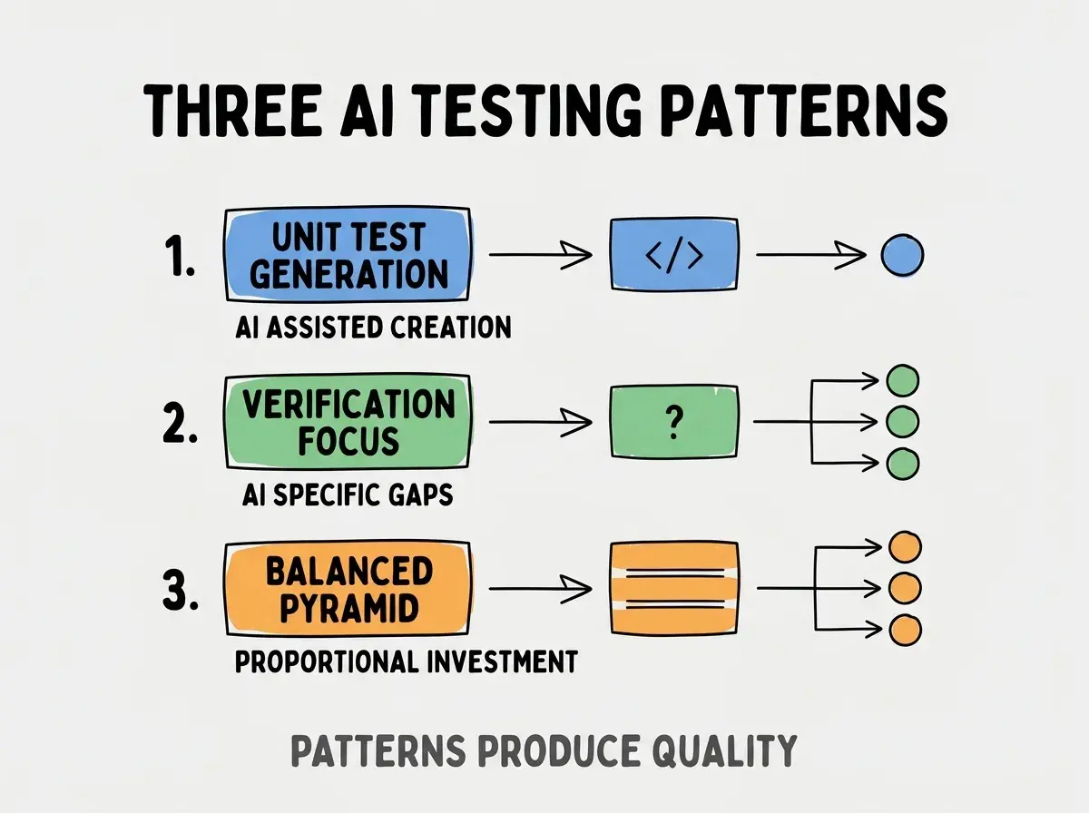 Clean modern flat infographic on light gray background. Top title bold black: THREE AI TESTING PATTERNS. Single vertical numbered list with three rows. Row 1 blue badge UNIT TEST GENERATION with subtitle AI ASSISTED CREATION. Row 2 green badge VERIFICATION FOCUS with subtitle AI SPECIFIC GAPS. Row 3 orange badge BALANCED PYRAMID with subtitle PROPORTIONAL INVESTMENT. Footer text dark gray: PATTERNS PRODUCE QUALITY. Each label appears exactly once. No duplicated text.