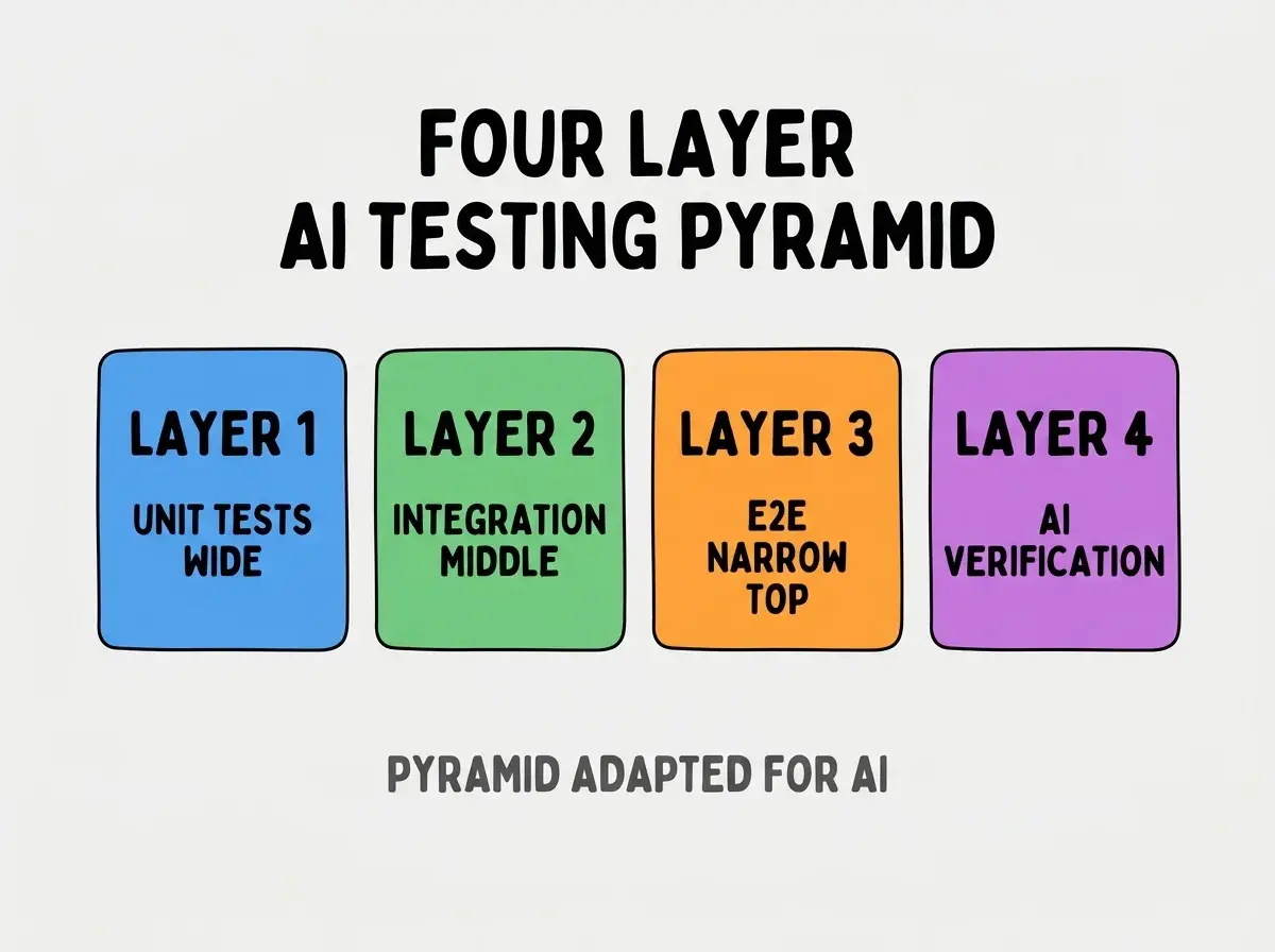 Clean modern flat infographic on light gray background. Top center bold black title text: FOUR LAYER AI TESTING PYRAMID. Below title, four equal sized colored rounded rectangle cards arranged horizontally. Card 1 blue: large bold text LAYER 1 then smaller text UNIT TESTS WIDE. Card 2 green: large bold text LAYER 2 then smaller text INTEGRATION MIDDLE. Card 3 orange: large bold text LAYER 3 then smaller text E2E NARROW TOP. Card 4 purple: large bold text LAYER 4 then smaller text AI VERIFICATION. Single footer line below cards in dark gray text: PYRAMID ADAPTED FOR AI. Nothing else on canvas. No text outside cards or below cards.