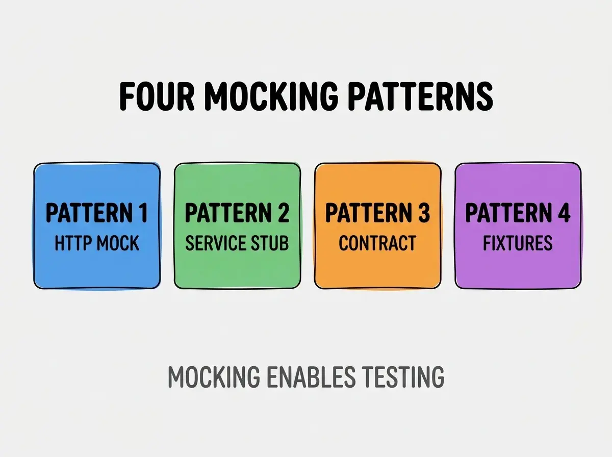 Clean modern flat infographic on light gray background. Top center bold black title text: FOUR MOCKING PATTERNS. Below title, four equal sized colored rounded rectangle cards arranged horizontally. Card 1 blue: large bold text PATTERN 1 then smaller text HTTP MOCK. Card 2 green: large bold text PATTERN 2 then smaller text SERVICE STUB. Card 3 orange: large bold text PATTERN 3 then smaller text CONTRACT. Card 4 purple: large bold text PATTERN 4 then smaller text FIXTURES. Single footer line below cards in dark gray text: MOCKING ENABLES TESTING. Nothing else on canvas. No text outside cards or below cards.