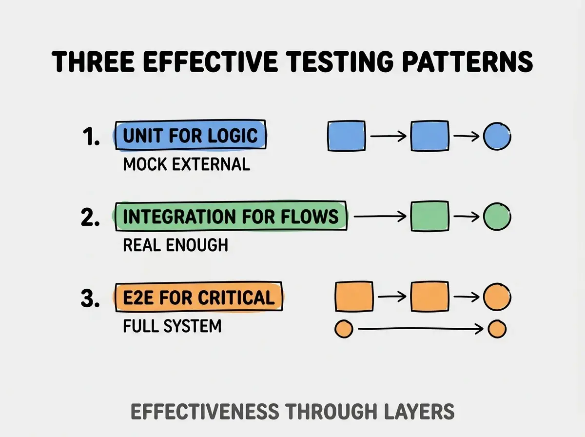 Clean modern flat infographic on light gray background. Top title bold black: THREE EFFECTIVE TESTING PATTERNS. Single vertical numbered list with three rows. Row 1 blue badge UNIT FOR LOGIC with subtitle MOCK EXTERNAL. Row 2 green badge INTEGRATION FOR FLOWS with subtitle REAL ENOUGH. Row 3 orange badge E2E FOR CRITICAL with subtitle FULL SYSTEM. Footer text dark gray: EFFECTIVENESS THROUGH LAYERS. Each label appears exactly once. No duplicated text.