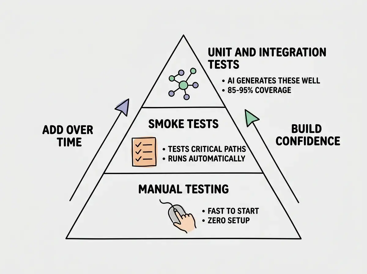EXPLAINER DIAGRAM: A three-tier pyramid divided into horizontal sections. The bottom section is the widest, labeled MANUAL TESTING with the subtitle YOU ALREADY DO THIS showing a hand clicking a mouse. Notes read: Fast to start, zero setup, catches visual bugs, does not scale. The middle section is medium width, labeled SMOKE TESTS with the subtitle START HERE showing a simple checklist with three items checked. Notes read: Tests critical paths, runs automatically, catches obvious breaks before users see them. The top section is the narrowest, labeled UNIT AND INTEGRATION TESTS with the subtitle ADD AS YOU GROW showing a network of connected nodes. Notes read: AI generates these well, 85-95% coverage, catches logic errors and regressions. An arrow on the left reads ADD OVER TIME pointing upward. An arrow on the right reads BUILD CONFIDENCE pointing upward.