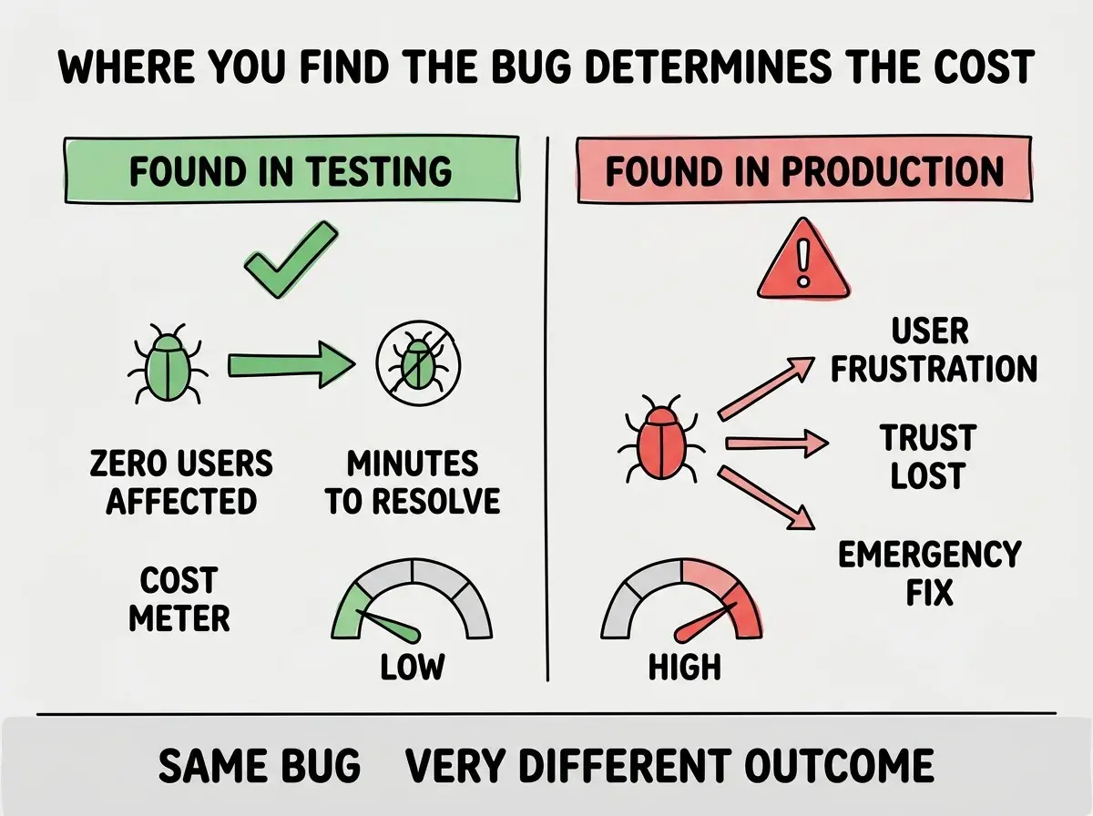 EXPLAINER DIAGRAM: A two-column comparison labeled WHERE YOU FIND THE BUG DETERMINES THE COST. Left column labeled FOUND IN TESTING has a green background with a checkmark. Shows a bug icon with an arrow to a FIXED label. Below it reads: Zero users affected, minutes to resolve, ship with confidence. A small cost meter shows LOW. Right column labeled FOUND IN PRODUCTION has a red background with a warning icon. Shows a bug icon with arrows branching to three outcomes: USER FRUSTRATION with a frown face, TRUST LOST with a broken heart icon, and EMERGENCY FIX with a flaming code icon. A small cost meter shows HIGH. A footer banner across both columns reads SAME BUG, VERY DIFFERENT OUTCOME.