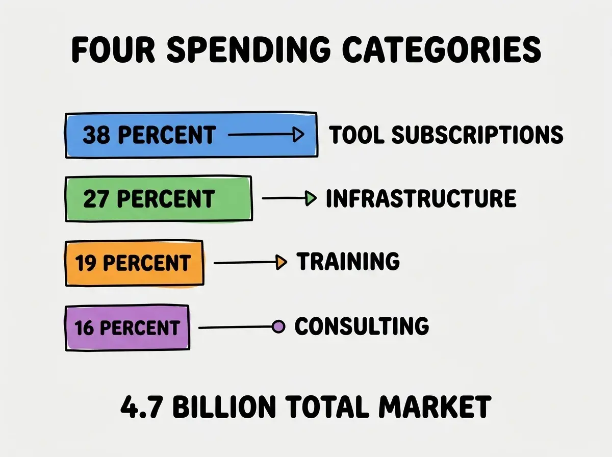 EXPLAINER DIAGRAM titled FOUR SPENDING CATEGORIES shown as a horizontal four-bar chart on a slate background. Bar 1 colored blue 38 PERCENT label TOOL SUBSCRIPTIONS. Bar 2 colored green 27 PERCENT label INFRASTRUCTURE. Bar 3 colored orange 19 PERCENT label TRAINING. Bar 4 colored purple 16 PERCENT label CONSULTING. Footer reads 4.7 BILLION TOTAL MARKET.