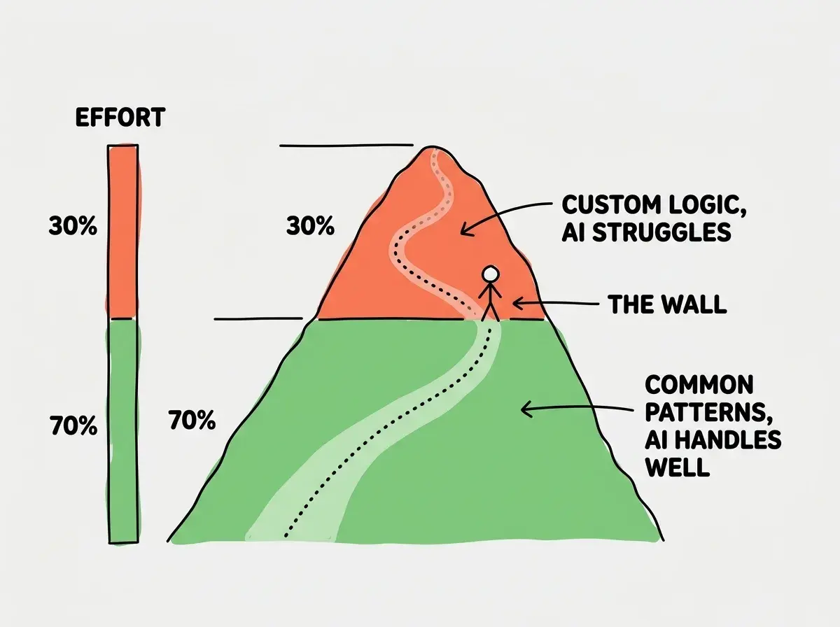 EXPLAINER DIAGRAM: A mountain cross-section showing a dotted trail from bottom to top. The lower 70% of the mountain is colored green with a wide, clearly marked path and a label reading COMMON PATTERNS, AI HANDLES WELL. The upper 30% is colored orange-red with a narrow, fading path and a label reading CUSTOM LOGIC, AI STRUGGLES. A stick figure stands at the 70% transition point labeled THE WALL. On the left side, a vertical bar shows EFFORT with the bottom 70% taking a small portion and the top 30% taking a large portion.