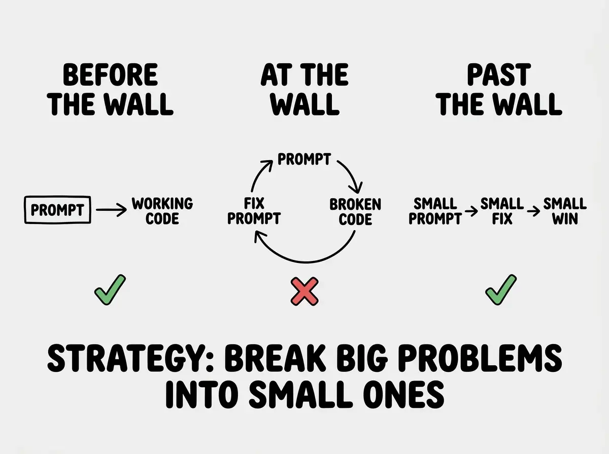 EXPLAINER DIAGRAM: A horizontal flow chart with three columns. Column 1 labeled BEFORE THE WALL shows a single large arrow from PROMPT to WORKING CODE with a checkmark. Column 2 labeled AT THE WALL shows a circular loop between PROMPT, BROKEN CODE, and FIX PROMPT with an X mark. Column 3 labeled PAST THE WALL shows a series of small arrows, each going from SMALL PROMPT to SMALL FIX to SMALL WIN in sequence, with a checkmark. Below all three columns a bar reads STRATEGY: BREAK BIG PROBLEMS INTO SMALL ONES.