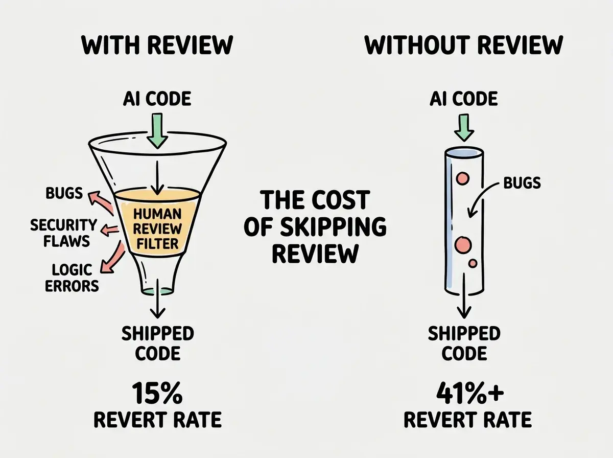 EXPLAINER DIAGRAM: A two-column comparison chart. Left column labeled WITH REVIEW shows a funnel with AI CODE entering at the top, passing through a HUMAN REVIEW filter in the middle, and SHIPPED CODE exiting at the bottom. Next to the funnel, small boxes labeled BUGS, SECURITY FLAWS, and LOGIC ERRORS are filtered out to the side. A stat reads 15% REVERT RATE. Right column labeled WITHOUT REVIEW shows a straight pipe from AI CODE at the top directly to SHIPPED CODE at the bottom with no filter. The same small boxes for bugs and flaws flow straight through. A stat reads 41%+ REVERT RATE. Between the columns, the difference is labeled THE COST OF SKIPPING REVIEW.