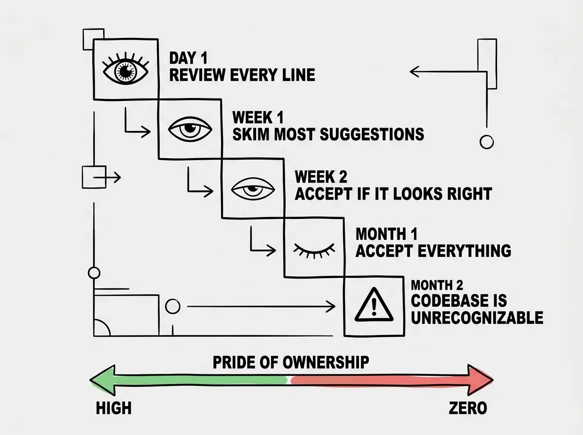 EXPLAINER DIAGRAM: A downward staircase chart showing five steps from left to right, each step lower than the last. Step 1 labeled DAY 1 shows an eye icon and reads REVIEW EVERY LINE. Step 2 labeled WEEK 1 shows a half-open eye and reads SKIM MOST SUGGESTIONS. Step 3 labeled WEEK 2 shows a barely open eye and reads ACCEPT IF IT LOOKS RIGHT. Step 4 labeled MONTH 1 shows a closed eye and reads ACCEPT EVERYTHING. Step 5 labeled MONTH 2 shows a warning triangle and reads CODEBASE IS UNRECOGNIZABLE. Along the bottom, an arrow labeled PRIDE OF OWNERSHIP runs from HIGH on the left in green to ZERO on the right in red.