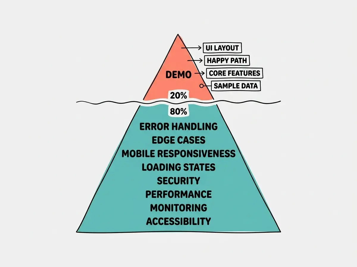 Iceberg diagram with a waterline drawn across the middle. Above the waterline a small triangular tip labeled DEMO in coral shows four small labels: UI LAYOUT, HAPPY PATH, CORE FEATURES, SAMPLE DATA. Below the waterline a massive trapezoid shape in teal shows eight labels stacked vertically: ERROR HANDLING, EDGE CASES, MOBILE RESPONSIVENESS, LOADING STATES, SECURITY, PERFORMANCE, MONITORING, ACCESSIBILITY. A percentage label reads 20% above and 80% below the waterline.